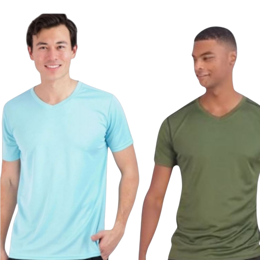 2 Pc Real Essentials Bundle Mens V-Neck Shirts Blue & Green Size Med NWOT